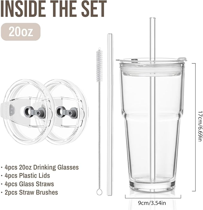 SoulTimes 20oz Clear Tumbler with bamboo Lid and Straw – Iced Coffee Glasses Cups for Smoothie, Matcha, Juice, Water etc. Leakproof and Reusable Glassware Drinking for Travel To Go 【4 Pack】 - Image 3