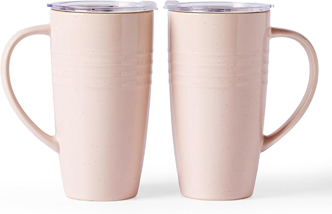 famiware Jupiter Large Coffee Mug, 20oz Coffee Mug with Lid, Ceramic Mugs Set of 2, Cup Set with Handle for Latte, Tea, Cocoa, Milk, Home & Office, Microwave and Dishwasher Safe, Light Pink by Famiware