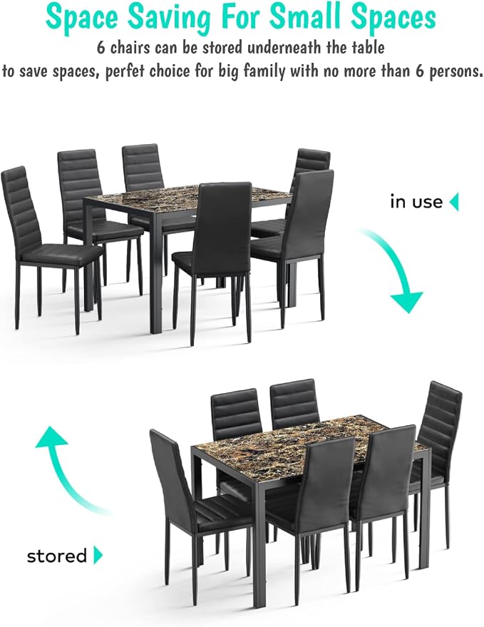 Gizoon Marble 7 Piece Glass Dining Table Set, Kitchen Table and Chairs Set | PU Leather Modern Dining Room Furniture,Dining Table Sets,Space Saving Table and Chairs Set for Home, Kitchen, Living Room - Image 6