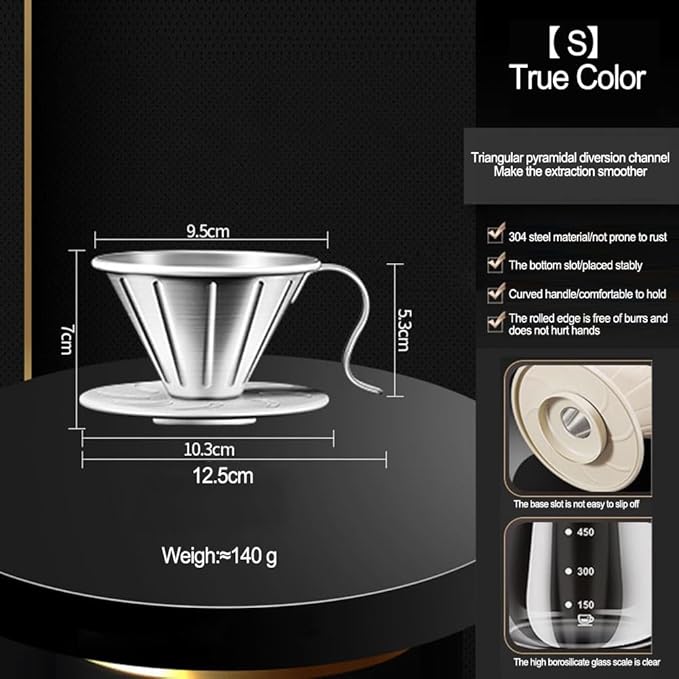 304 Stainless Steel Coffee Dripper with Holder, Reusable Pour Over Filter Cup for Mugs and Jugs, Ergonomic Handle, Food-Grade Safe, Dishwasher Friendly, Silver