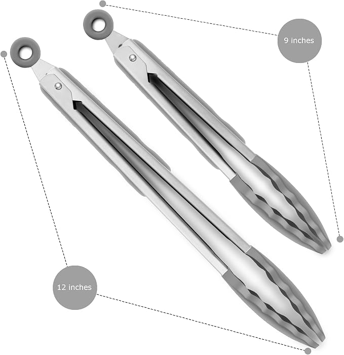 2 Pack Silicone Kitchen Tongs, 9 & 12 Inch, Stainless Steel, Grey | Heat Resistant to 500°F with BPA-free Silicone Tips, Locking Clip and Nonslip Handles for Nonstick Cookware and Grilling - Image 4