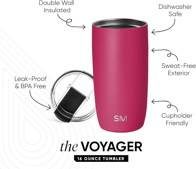 Simple Modern Travel Coffee Mug with Lid | 16oz | Magenta | Voyager Coffee Cup, Coffee Tumbler for Hot & Iced Drinks | Insulated Stainless Steel Travel Mug | Lychee - Image 2