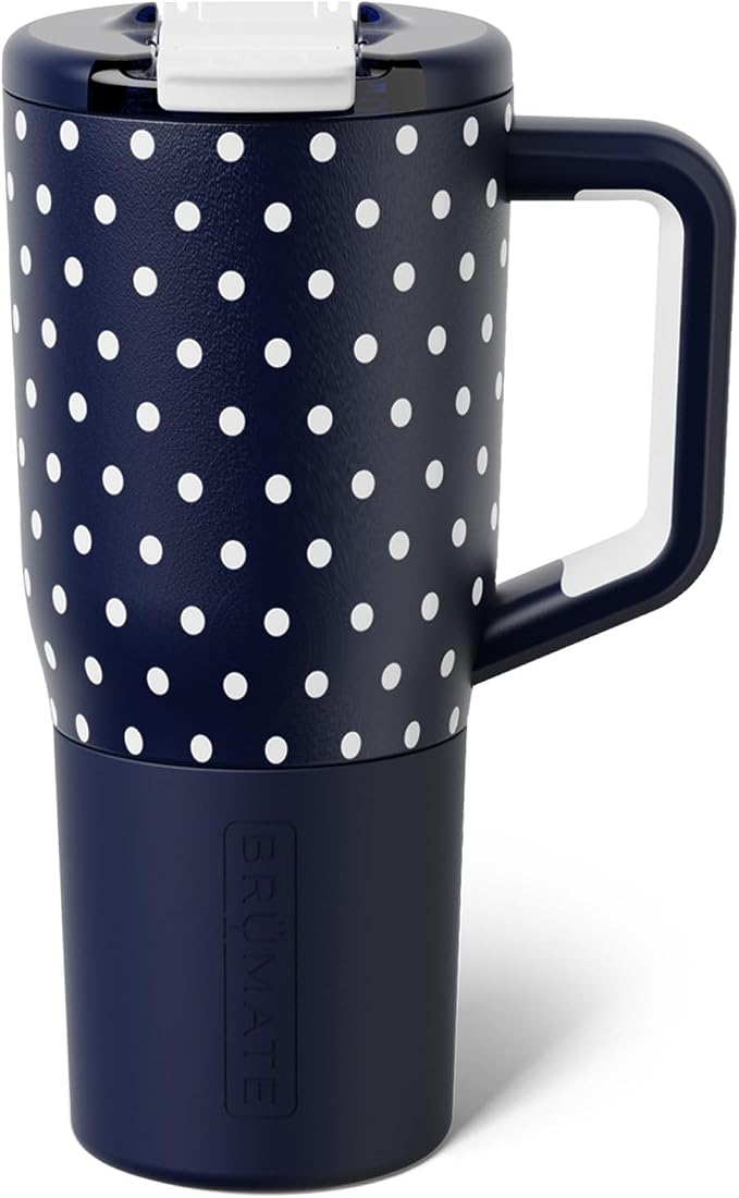 BrüMate Müv - 25oz 100% Leak Proof Insulated Coffee Mug with Handle & Lid - Stainless Steel Coffee Travel Mug - Double Walled Coffee Cup (Navy Polka Dots) by Br%C3%BCMate
