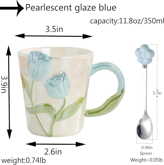 Floral Ceramic Coffee Mug 11.8 Oz Espresso Cup, Cute Flower Tea Cup with Handle for Women, Girly Mug Gift for Christmas Birthday, Home Office Drinkware, Blue - Image 2