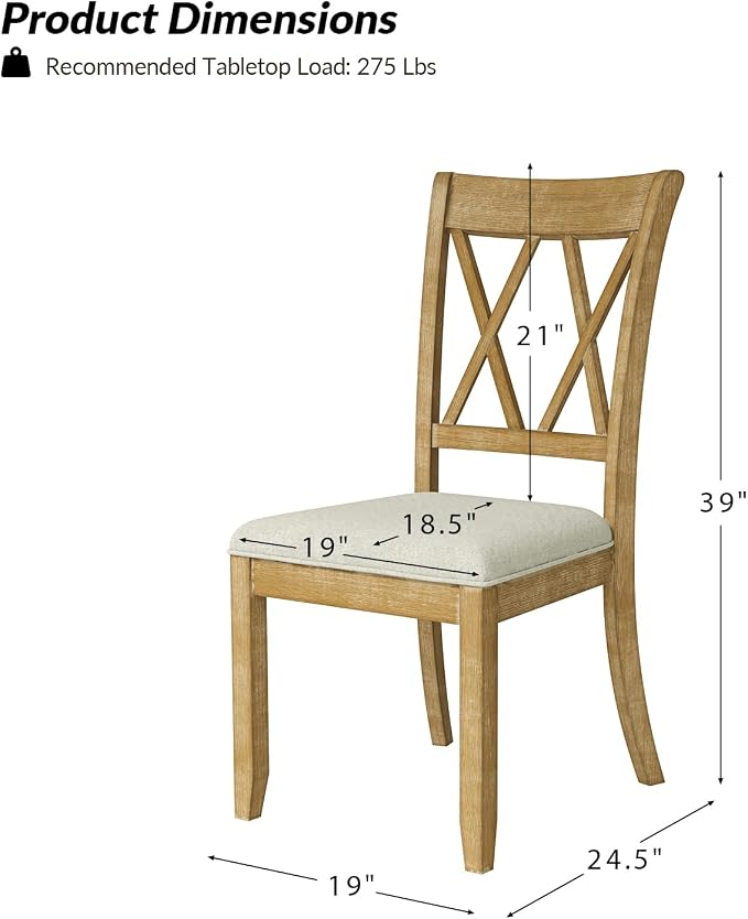 HULALA HOME Dining Chairs Set of 4, Rustic Solid Wood Kitchen Chairs with Cross Backrest and Legs, Upholstered Dinner Chairs for Dining Living Room, Natural - Image 2