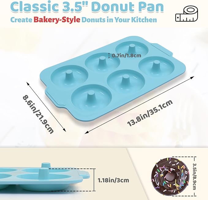 3.5 Inch Nonstick Silicone Donut Pan for Baking with Metal Frame, 1 Pack Donut Molds for Baking, 6 Cavity Doughnut Pan for Oven and Bagel Trays Non Toxic with Handle (Mint Green)