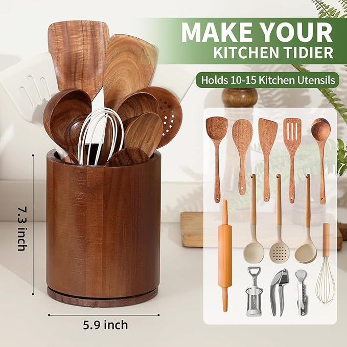 Walnut Utensil Holder, 360° Rotating 7.3 in Kitchen Organizer | Rustic farmhouse countertop decor. 360° rotating base holds spatulas, ladles, tongs, and cooking tools. Rich walnut finish - Image 3