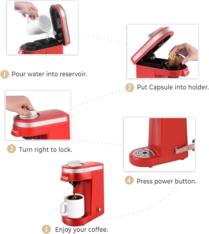 CHULUX Mini Single Cup Coffee Maker for K Pod, Perfect for Small Space, Red | Fast-Heating Boiler System, Single Cup Brewing, Portable Compact Design, Four-Hole Multi-Stream Needle, Adjustable Drip Tray - Image 9