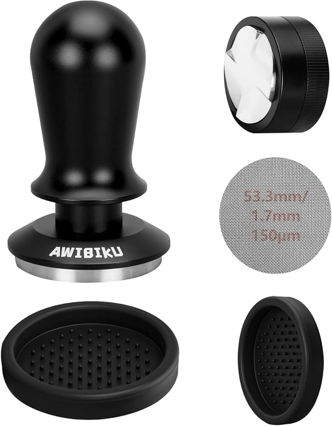 53.3mm Espresso Tamper Set – 30lb Calibrated Spring-Loaded Coffee Tamper with Click Feedback, 4-Leaf Leveler, 316 Stainless Steel Puck Screen Anti-Slip Mats for 54mm Portafilter
