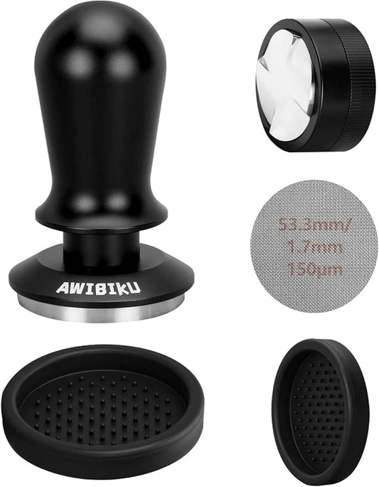 53.3mm Espresso Tamper Set – 30lb Calibrated Spring-Loaded Coffee Tamper with Click Feedback, 4-Leaf Leveler, 316 Stainless Steel Puck Screen Anti-Slip Mats for 54mm Portafilter