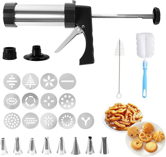 Stainless Steel Cookies Press Set, Churro Maker Machine, Cookie Press Gun Kit with 13 Cookie Discs, 8 Piping Tips and 2 Clean Brushes for DIY Biscuit/Cake Maker and Decorating Baking Supplies