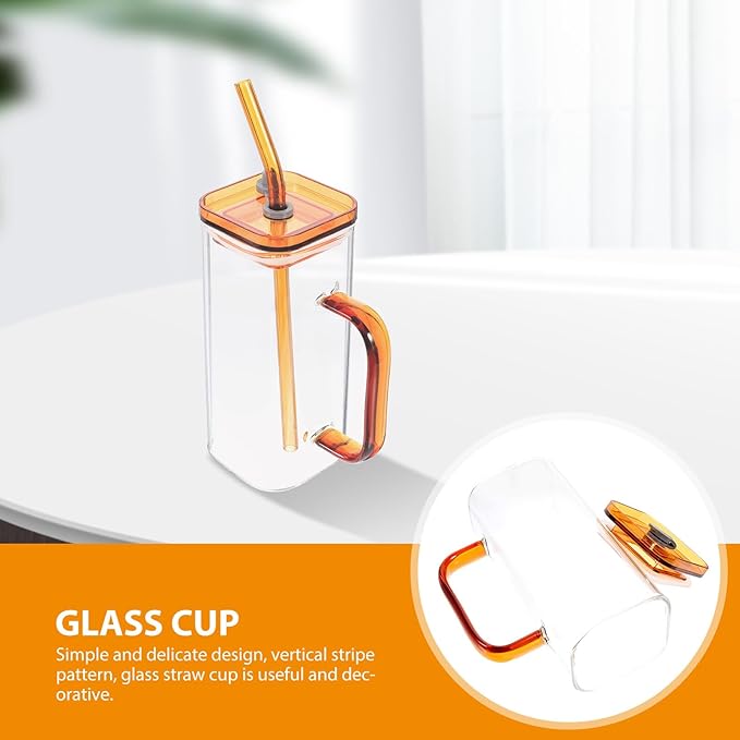 High Borosilicate Glass Cup with Straw and Amber Handle Square PP Lid Transparent Beverage Tumbler for Milk Juice Iced Coffee Portable Drinking Glass with Lid for Home and Outdoor