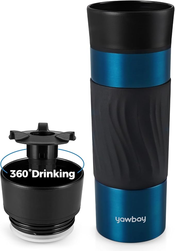 Travel Coffee Mug with 360°Lid, Travel Coffee Tumbler 16 Oz Leak Proof, Stainless Steel Insulated Travel Mugs for Hot and Cold Spill Proof(MetPaintBlue) by Yawbay