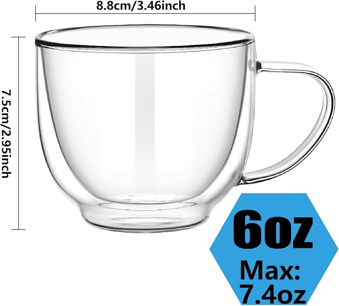 Double Wall Glass Coffee Mugs with Handle, 7.4 oz (220ml) Clear Insulated Espresso Cups for Cappuccino, Latte, Hot Tea & Cold Drinks, Microwave Safe Borosilicate Glassware, Set of 2 (6oz(2-pack)) - Image 6