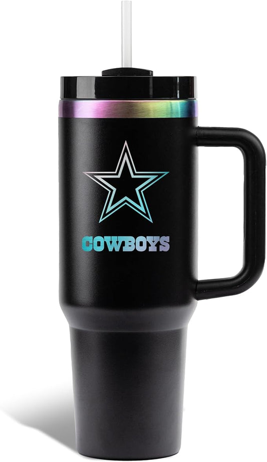 The Memory Company NFL 40oz Iridescent Tumbler - Double-Wall Vacuum Insulated Stainless Steel Water Bottle - Team Spirit Travel Cup with Handle, Lid and Straw, Hot and Cold Drink Container