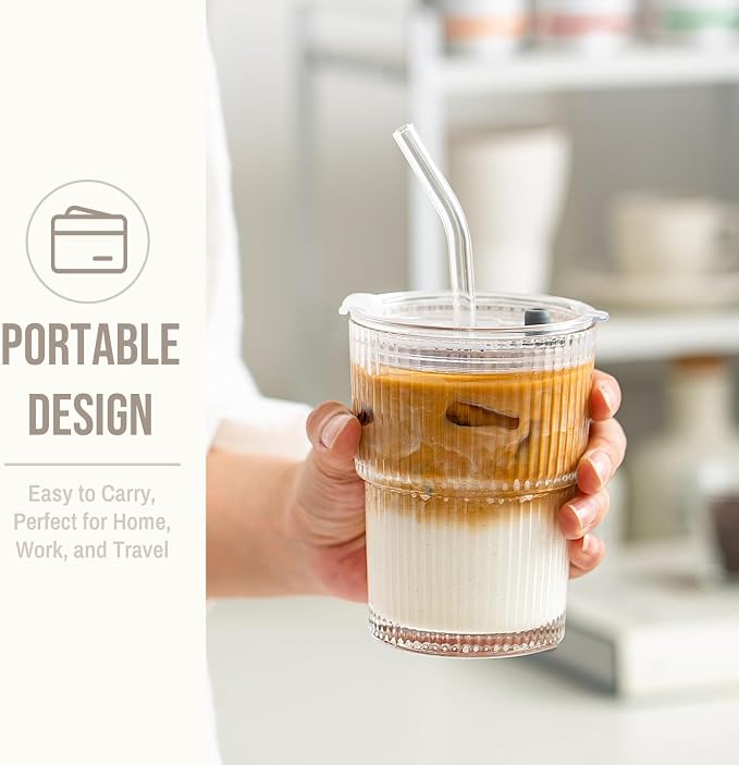 SoulTimes 13oz Ribbed Glass Tumbler with Lid and Straw – Iced Coffee Glasses Cups for Smoothie, Matcha, Juice, Water etc. Leakproof and Reusable Glassware Drinking for Travel To Go 【2 Pack】 - Image 8