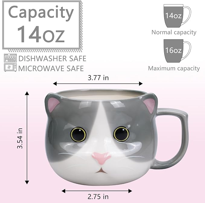 Cat Mug 14 oz Cute Ceramic 3D Porcelain Tea Cup for Women, Kawaii Gifts for Cat Lovers, Christmas, Housewarming, Holiday, Birthday Gifts for Women, Mom, Kids, Men and Friends - Image 2
