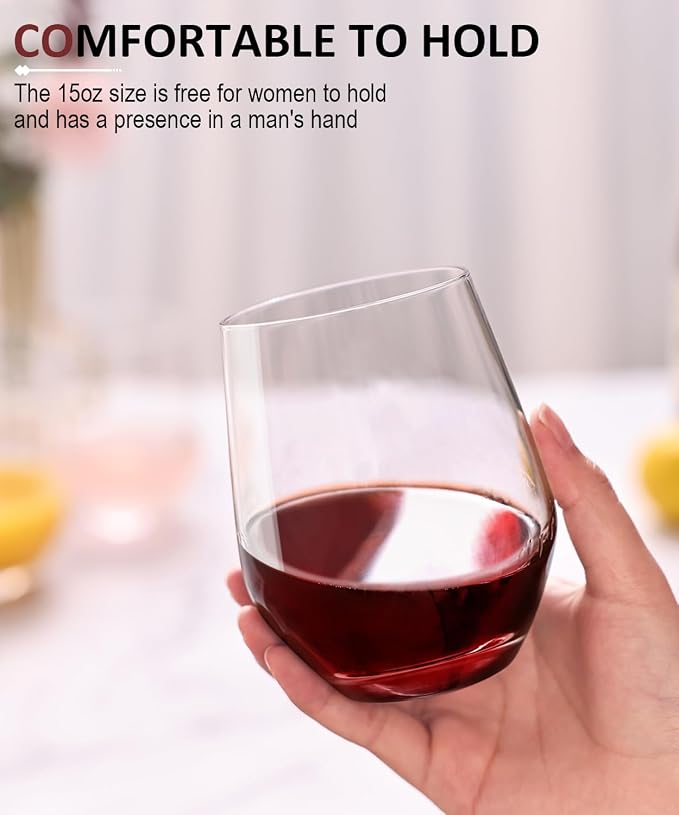 OJA Wine Glasses Set, Crystal Stemless Red Wine Glass, Set of 4, 15 oz | No Stem, Clear, Sturdy Drinking Glass for White Wine, Daily Use, Birthday, Wedding, Home Party, Anniversary, Shower Gift - Image 2