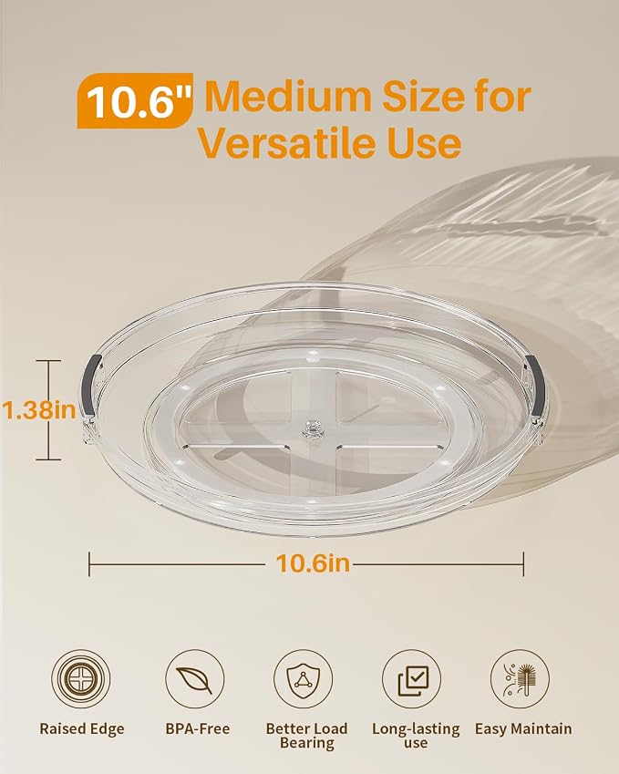 LAMU 2 Pack 10.6in Lazy Susan Organizer Turntable for Cabinet, Clear Lazy Susan for Refrigerator Rotating Organizer for Fridge, Kitchen, Pantry, Countertop, Bathroom, Medicine Cabinet Organizer - Image 2