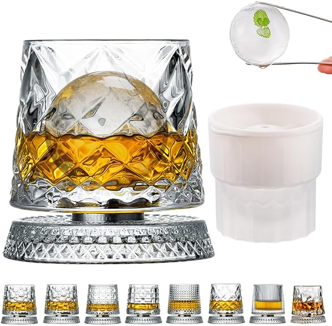 360 Degree Rotating Whiskey Glass Set with Ice Ball Mold, Crystal Clear Bourbon Scotch Glassware for Men, Fun & Novelty Gifts (Pattern 2) by GOWARM