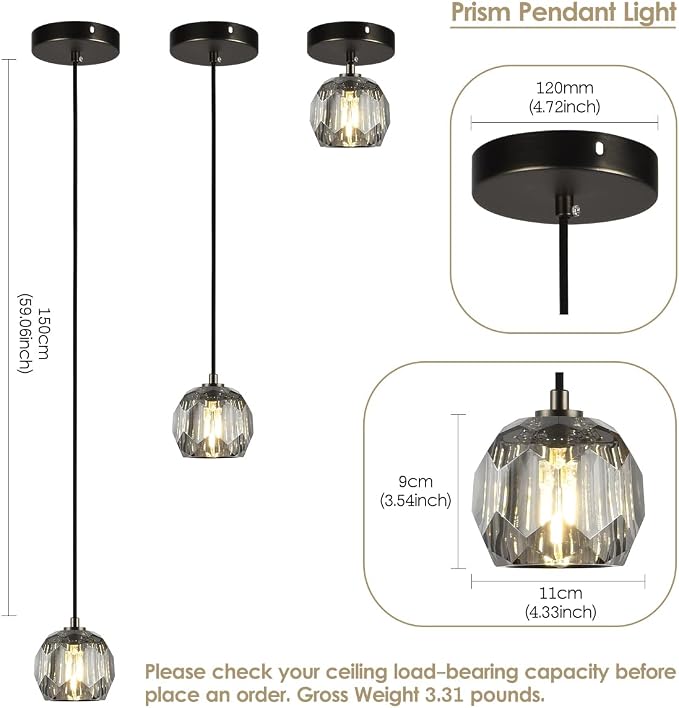 Crystal Pendant Light Fixture, Modern Black Pendant Light Kitchen Lighting, Small Crystal Pendant Island Hanging Light for Kitchen Dining Room - Image 2