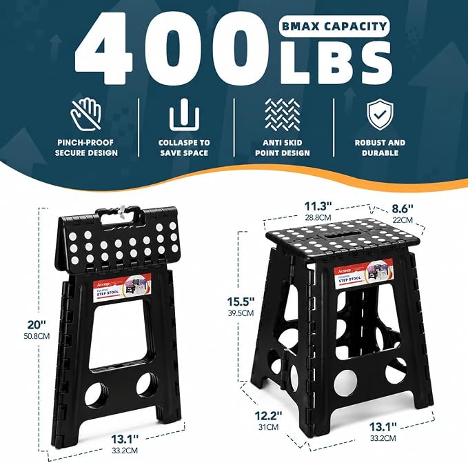 ACSTEP 16 Inch Folding Step Stool, Heavy Duty, 400 lbs, Black | Lightweight Collapsible Stepping Stool for Adults with Handle, Non-Slip, for Kitchen, Bathroom, Bedroom and Outdoor Use - Image 2