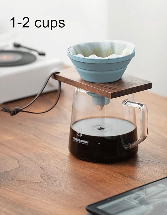 Pour Over Coffee Dripper,V60 and Cake Cup Filter Paper Silicone Coffee Funnel Filter,Reusable Dripper Coffee Filter with Wood Base Coffee Dripper Accessory for Coffee Pot Coffee Maker (Blue)