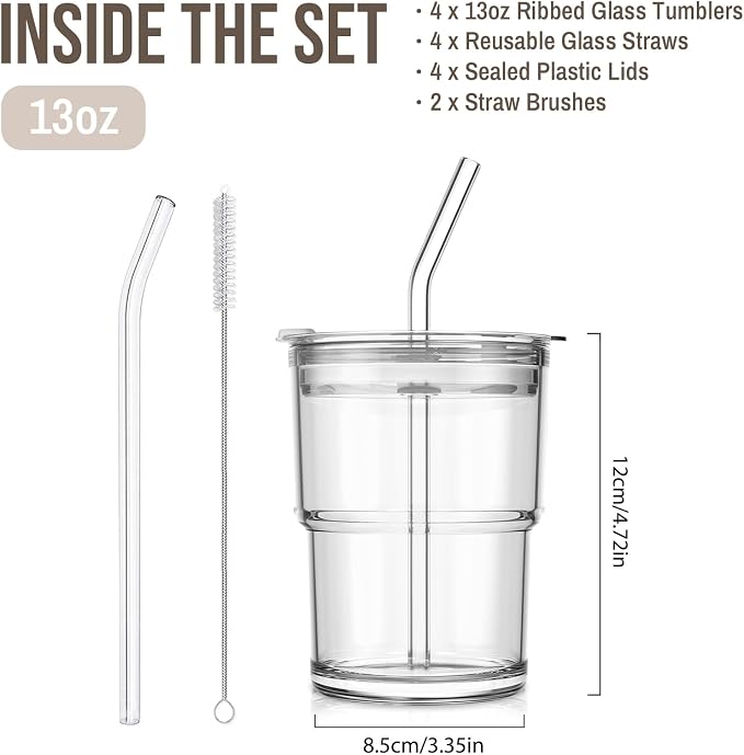 SoulTimes 13oz Clear Glass Tumbler with Lid and Straw – Iced Coffee Glasses Cups for Smoothie, Matcha, Juice, Water etc. Leakproof and Reusable Glassware Drinking for Travel To Go [4Pcs] - Image 3