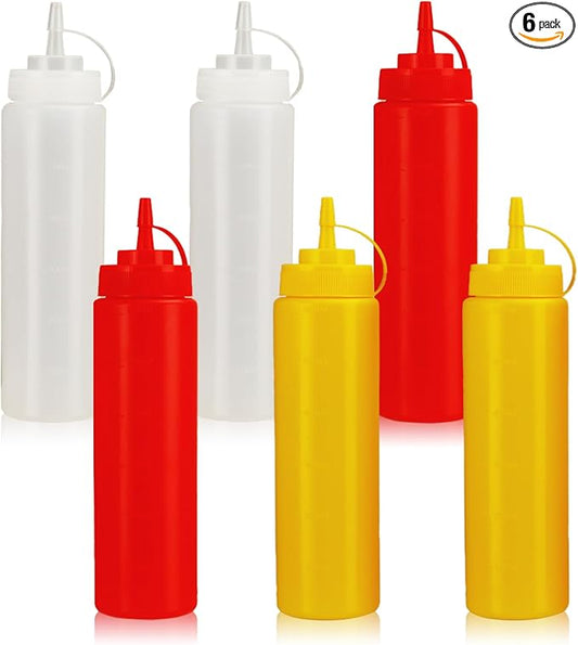 24oz Leak-Proof Sauce Squeeze Bottles - BPA-Free Kitchen & Restaurant Dispensers w/Wide Mouth for Ketchup, Mustard, Syrup, Oil, Dressings Dishwasher Safe (White+Yellow+Red, 24oz-6pack)