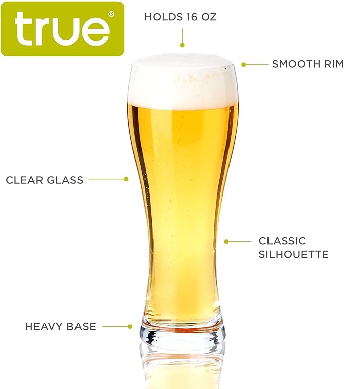 TRUE Wheat Beer Glasses, Clear Glasses for Pilsner, Belgian Ales, and Craft Beers, Birthday Party, Holiday, Game Night, Beer Gifts for Men, Durable Home Bar Glassware, 23 oz, Set of 4 - Image 2