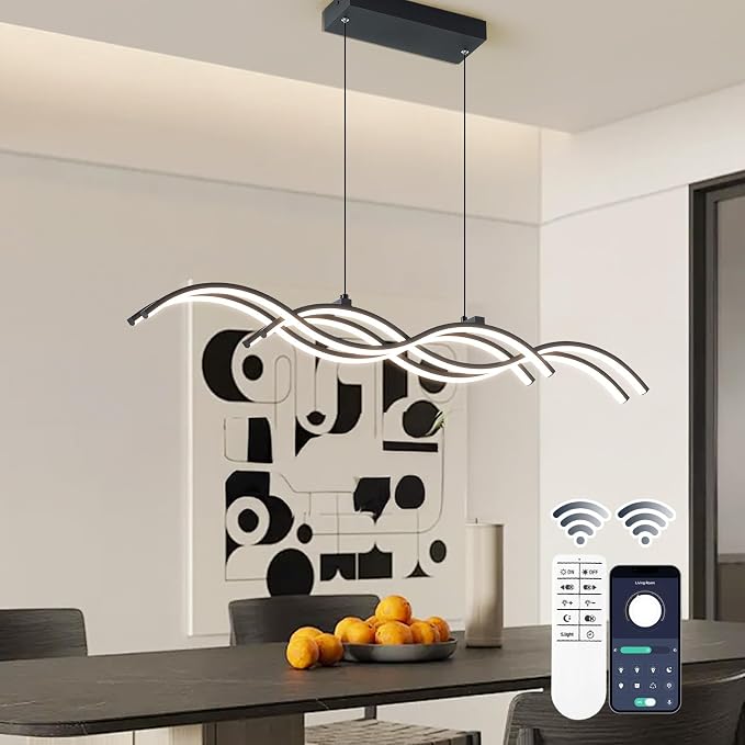 ORANOOR Modern LED Pendant Lights, Dimmable 39in Linear Wave LED Chandelier | Black Chandelier Dining Room Hanging Lighting Fixtures, Kitchen Island Linear Pendant Light for Dining Table, 4200lm Upgraded - Image 2