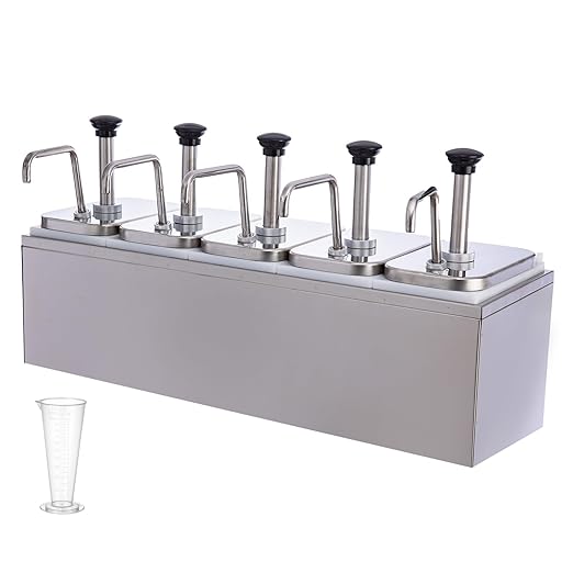 10.57 Quart Ketchup Pump Dispenser,Condiment Dispenser Pump, Large Capacity Detachable Leak-Proof Design for Sauce, Honey, Syrup,Soy Sauce,Mustard,Cheese (5 pumphead, 2.11 QT Each)