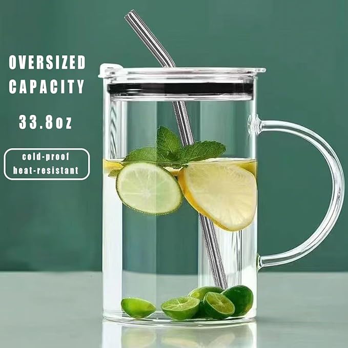Glass Water Cup with Handle - 32 oz, Clear Mug with Lid and Straw，Thick Transparent Mug for Coffee, Milk, Juice,Perfect for Office and Live at Home Use