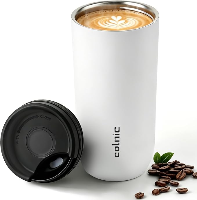 16 oz Travel Coffee Mug with Twist-Open Lid, Leak Proof Coffee Travel Mug, Insulated Tumbler Stainless Steel Coffee Cup For Hot And Iced Cold, Spill Proof Fits Cup Holder (White) by WelcomeToColnic