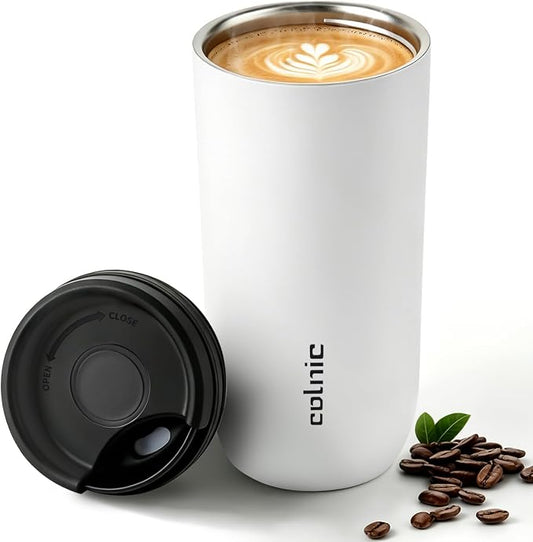 16 oz Travel Coffee Mug with Twist-Open Lid, Leak Proof Coffee Travel Mug, Insulated Tumbler Stainless Steel Coffee Cup For Hot And Iced Cold, Spill Proof Fits Cup Holder (White) by WelcomeToColnic