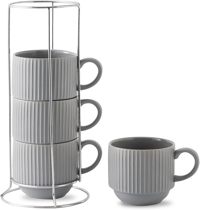 Hasense Coffee Mugs Set, Stacking Tea Cups Set of 4 with Holder - 15 oz Large Ceramic Ribbed Latte Cup Set for Cappuccino, Tea, Hot Cocoa, Drinks - Dishwasher & Microwave Safe, Grey by Hasense