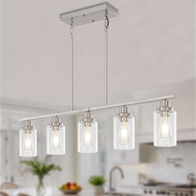 Brushed Nickel Linear Chandelier Over Table, Dining Room Light Fixtures | 5-Light Kitchen Island Lighting, 37'' Modern Island Lights for Kitchen with Clear Glass Shade, Adjustable Height by YUEMZSChandelierforLiving