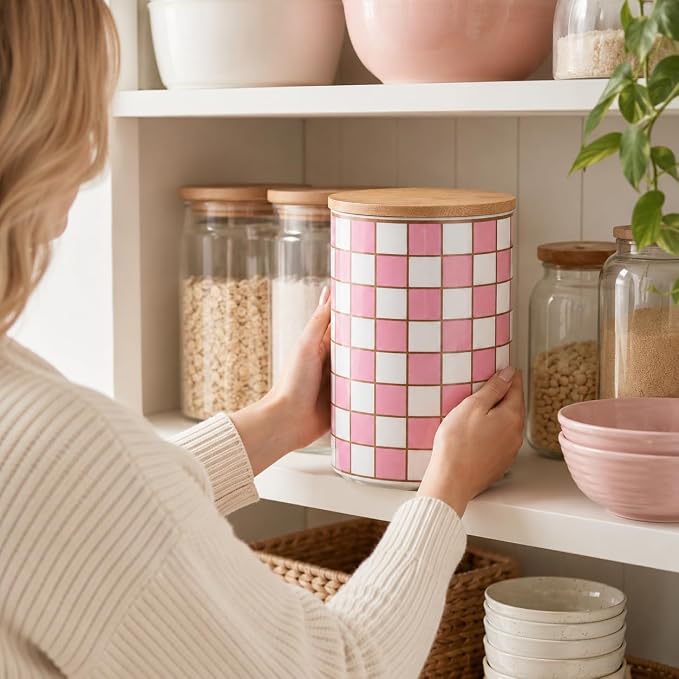 Kitchen Countertop Ceramic Checkered Canisters,Black And White Food Storage Containers With Lid,Airtight Kitchen Canisters for Flour, Sugar, Coffee, Tea, and Dry Goods (Pink, XL) - Image 3