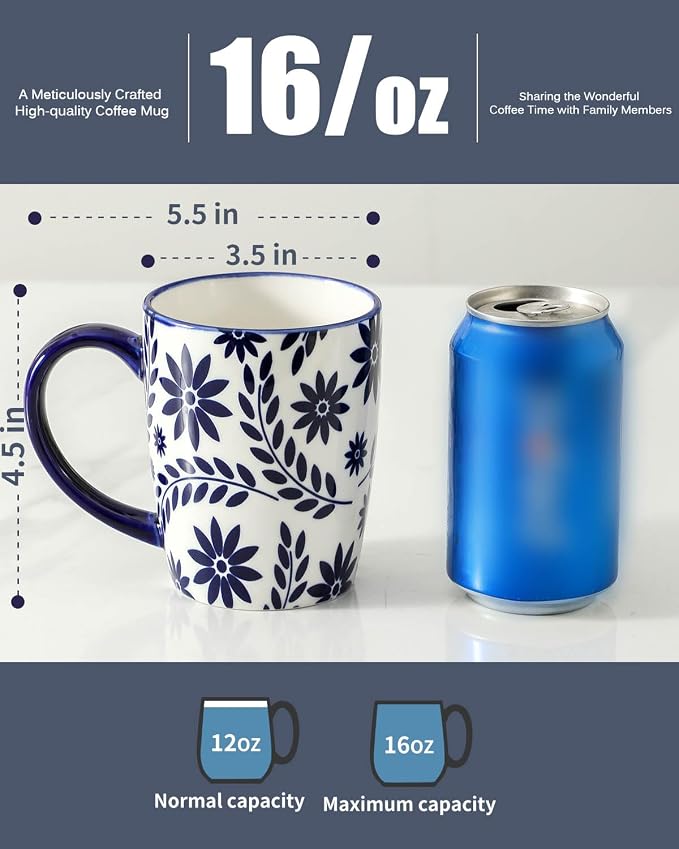 HASENSE Coffee Mugs Set of 6, 16OZ Ceramic Coffee Mugs with Blue and White Floral Patterns, Elegant Large Coffee Cups for Coffee, Tea, Latte & Cappuccino, Microwave & Dishwasher Safe, Vintage Blue - Image 2