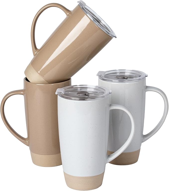 famiware Milkyway Coffee Mugs, 20oz Large Coffee Mug, Ceramic Mug Set of 4 with Lid, Cup Set with Handle for Latte, Tea, Cocoa, Milk, Home & Office, Cinnamon Brown and Light Gray by Famiware