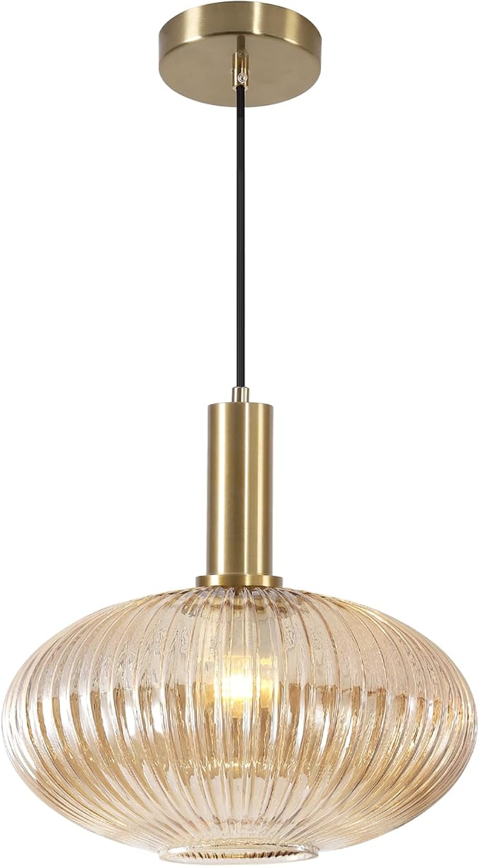 KCO Modern Brushed Brass Gold 11.8” Large Amber Ribbed Glass Pendant Light | E26 Adjustable Lantern Hanging Light for Sloped Ceiling Mid Century Vintage Ceiling Light for Kitchen Island Sink Dining Room by KCOLighting