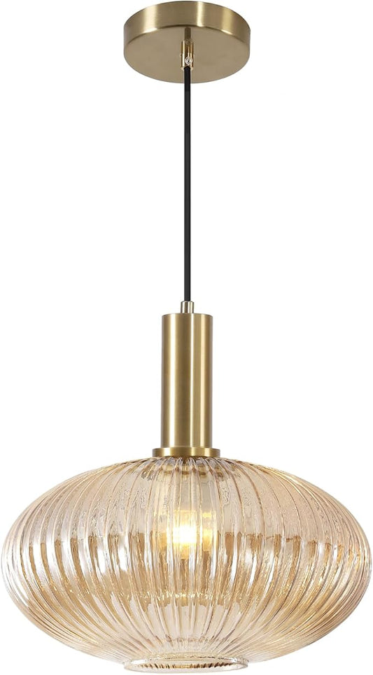 KCO Modern Brushed Brass Gold 11.8” Large Amber Ribbed Glass Pendant Light | E26 Adjustable Lantern Hanging Light for Sloped Ceiling Mid Century Vintage Ceiling Light for Kitchen Island Sink Dining Room by KCOLighting