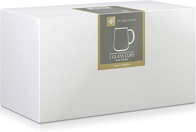 Teabloom Set of 2 Premium Borosilicate Glass Cups for Tea or Coffee - 8 Ounces / 240 ml - Stain-free and Microwave Safe