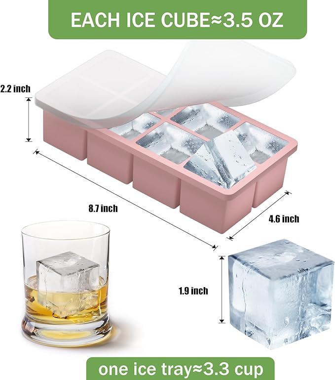 Large Ice Cube Molds, 2 Pack Easy Release Ice Trays for Freezer with Lid, Stackable Square Big Silicone Ice Cube Tray BPA Free Slow Melting for Bourbon Whiskey, Cocktails, Iced Coffee (Pink)