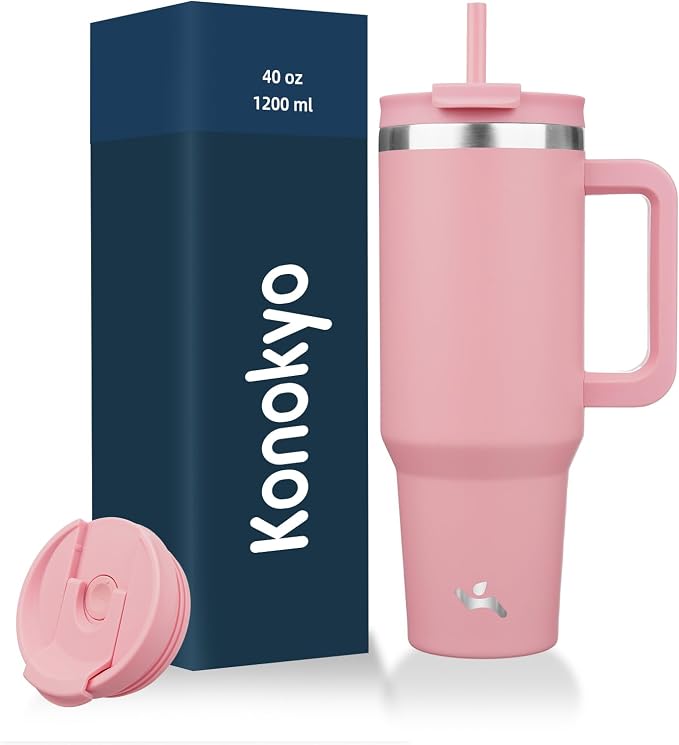 Konokyo 40 oz Insulated Tumbler Water Bottle with Handle, Straw Lid | BPA-free and dishwasher safe; made for gym, travel, coffee and gifting, 2 straws, cup holder friendly,Pink by Konokyo