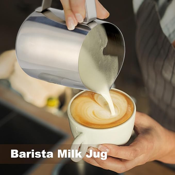Milk Frothing Pitcher,Milk Steaming Frother Cup,Barista Cappuccino Latte Art Milk Jug with Decorating Pen,Stainless Steel Espresso Coffee Bar Accessories Tools (Silver, 14oz)