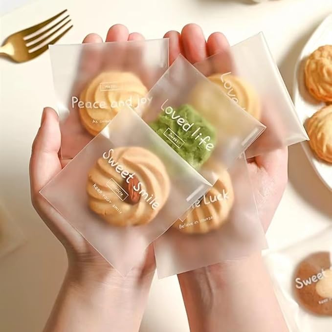 100 Pcs Frosted Semi-Transparent OPP Bags with Cute English Printing, Suitable for Packaging Cookies, Chocolate, Candy, Desserts, Snack Packs, Bread Bags, Self-Adhesive Bags, Gift Bags, Mini OPP Bags (2.8×2.8 in) by Nanaiche