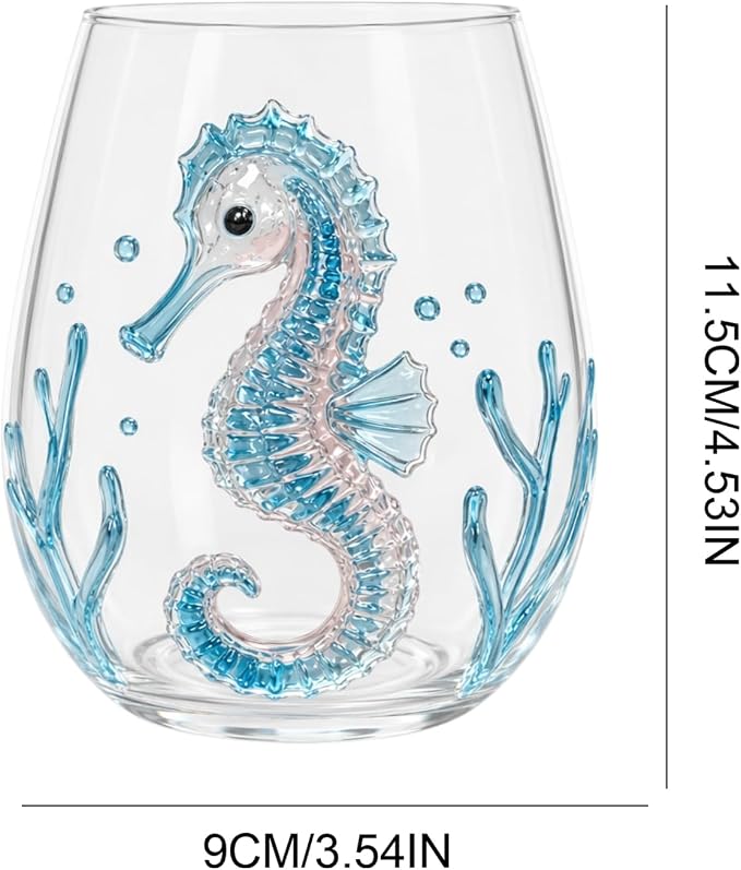 Blue Handmade Stemless Wine Glass 3D Ocean Cup (White Style 5) | 3D Sculpted Handmade Blue Ring Stemless Glass Ocean Cup Handblown Glassware (White Style 5) - Image 5