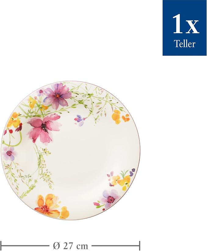 Villeroy & Boch Mariefleur Basic Collection Dinner Plate, Premium Porcelain, Made in Germany, 10.5 in Diameter, Dishwasher and Microwave Safe, Creamy White/Colorful | Multicolored porcelain plate with floral decor, made in Germany, dishwasher and micro... - Image 3