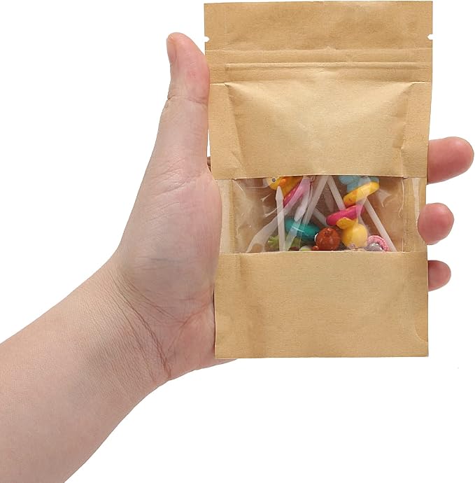 100pcs 3.5 x 5.5 inch Kraft Paper Treat Bags with Window Ziplock Stand Up Pouches for Food Storage Cookies Snacks Tea Packing - Image 3